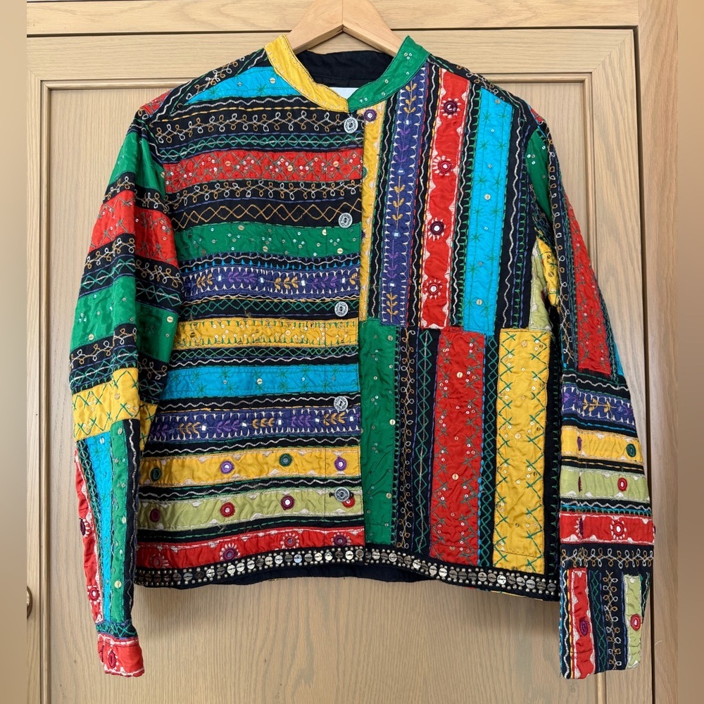 Vintage Chico's Multicolor Patchwork Blazer Embroidered Sequins Boho / Chicos 2